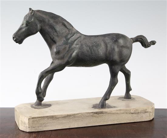 A 19th century green patinated bronze model of a horse, 11in.